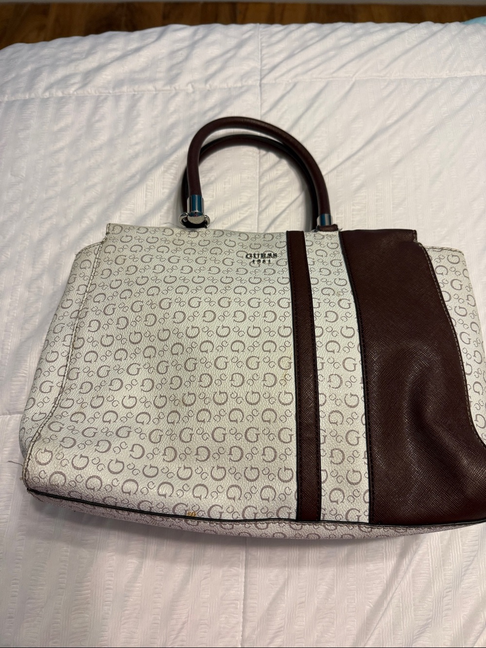 GUESS Cream & Brown Monogram Satchel Tote